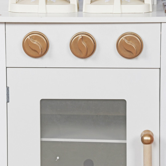 Cea mai bună bucătărie pentru copii din lemn, în culori alb-roz.