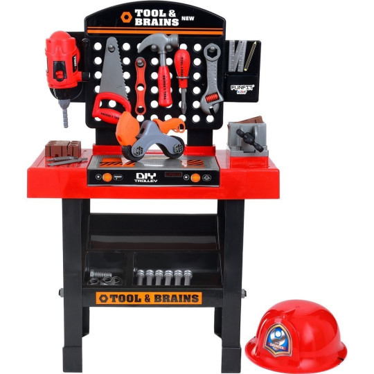 Masă de lucru pentru micii meșteșugari, cu unelte de culoare roșie