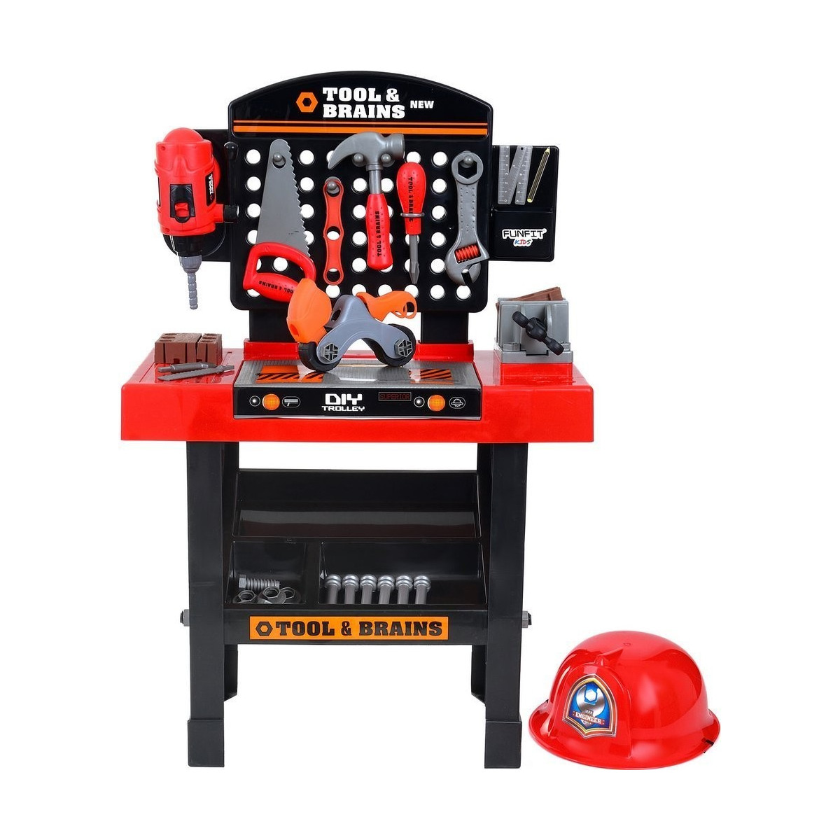Masă de lucru pentru micii meșteșugari, cu unelte de culoare roșie
