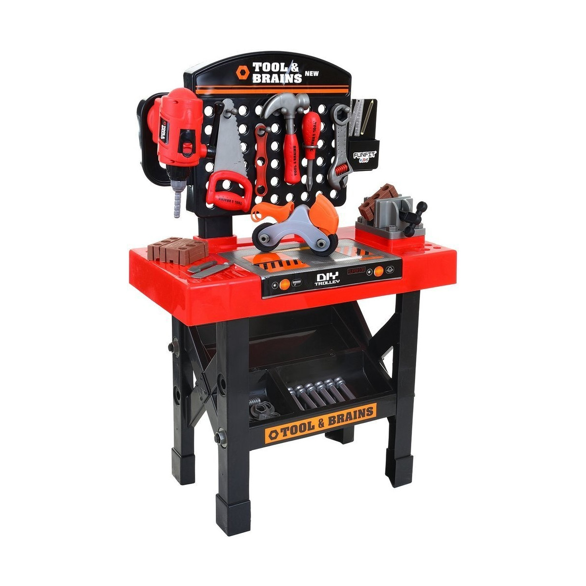 Masă de lucru pentru micii meșteșugari, cu unelte de culoare roșie