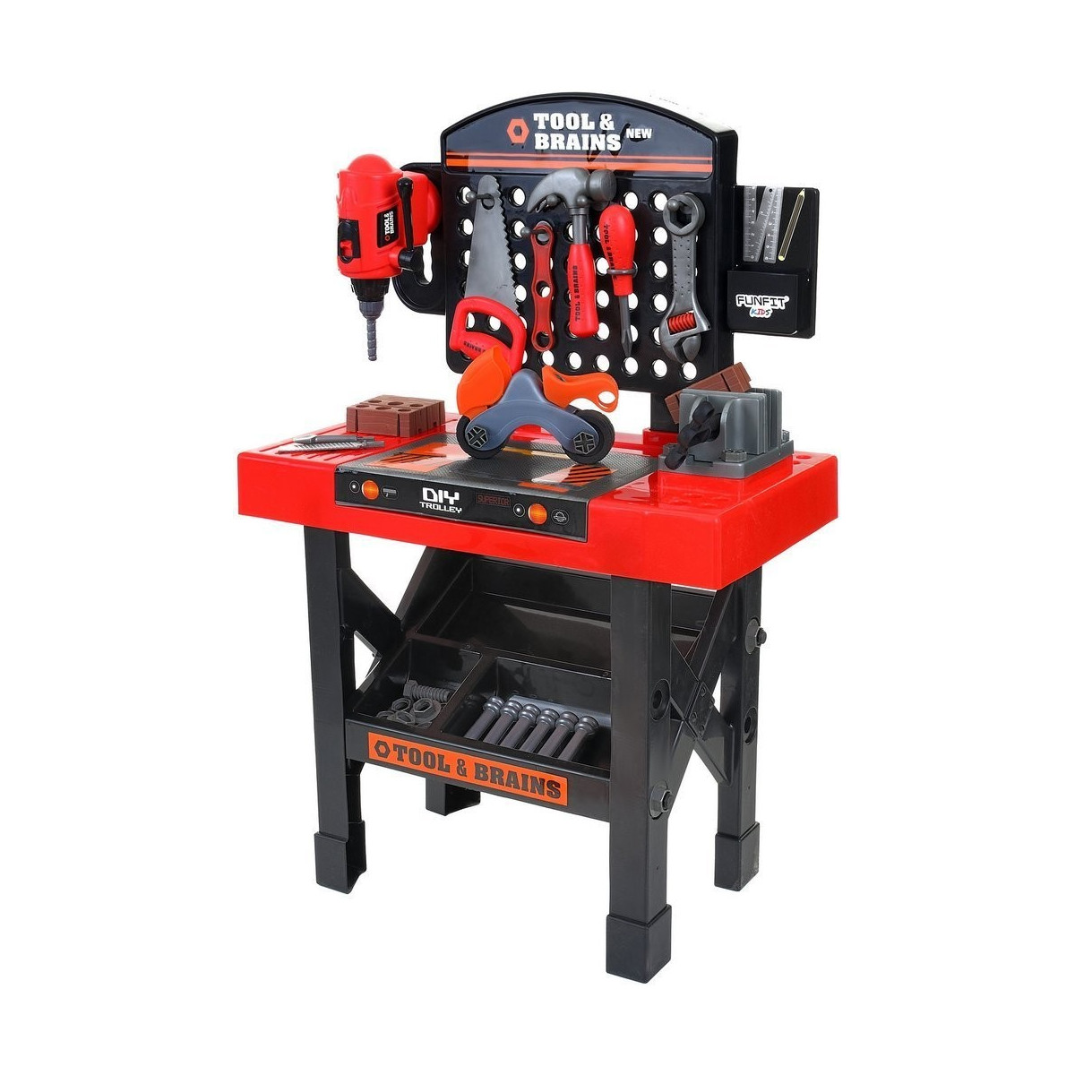 Masă de lucru pentru micii meșteșugari, cu unelte de culoare roșie