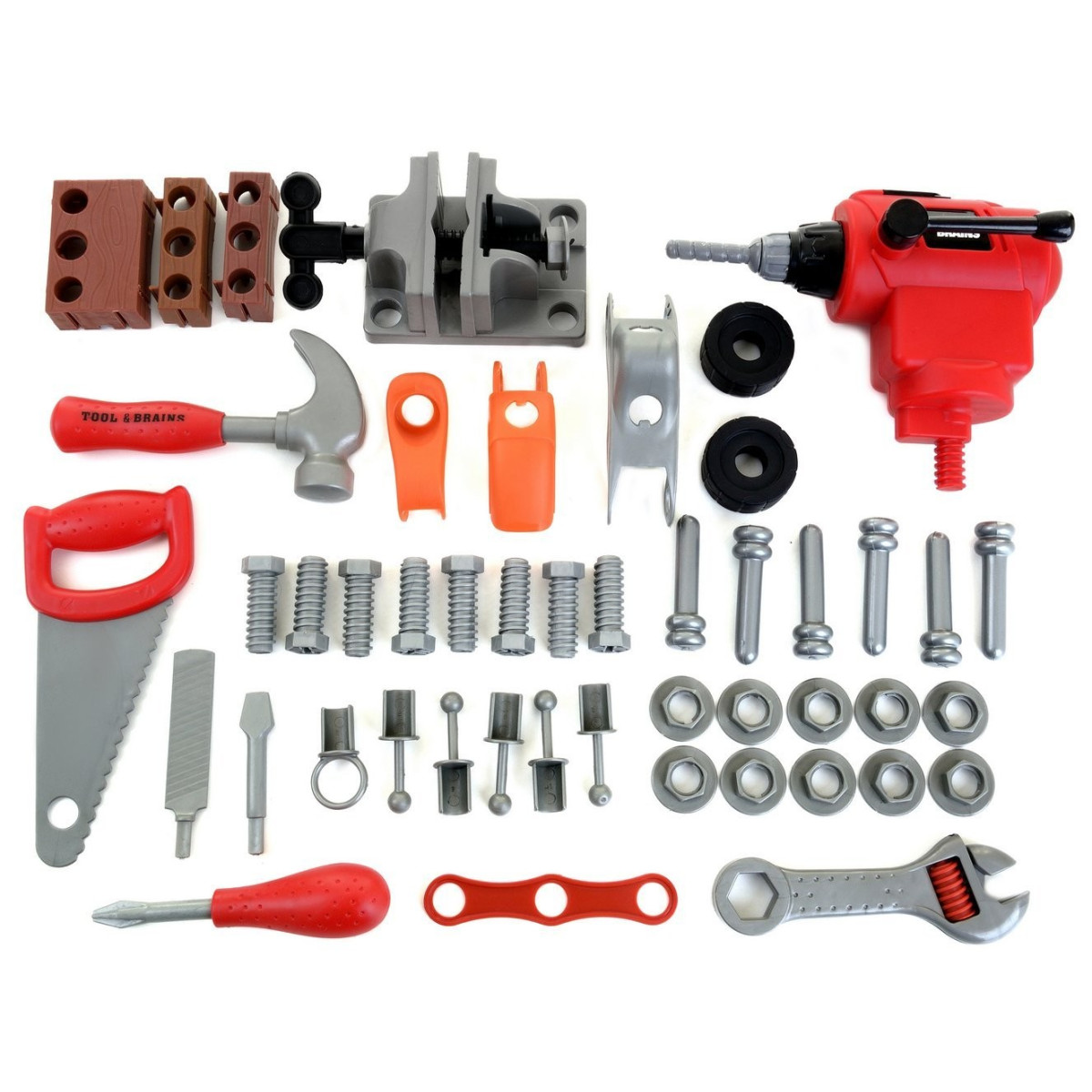 Masă de lucru pentru micii meșteșugari, cu unelte de culoare roșie