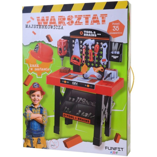 Masă de lucru pentru micii meșteșugari, cu unelte de culoare roșie