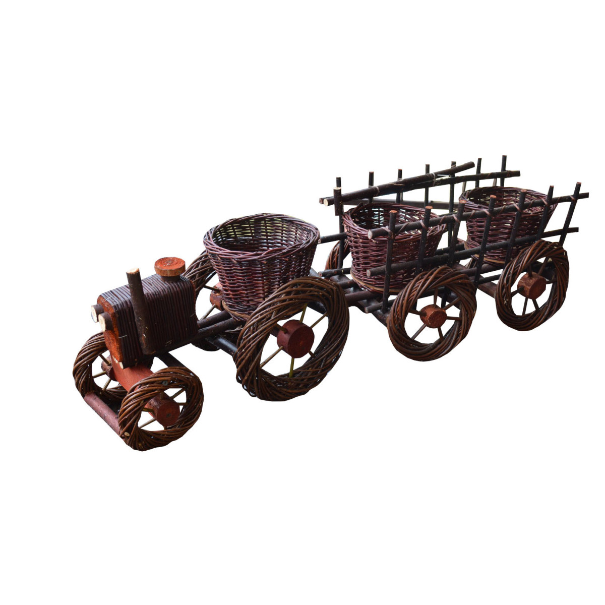 Decorare de grădină din nuiele tractora cu remorcă