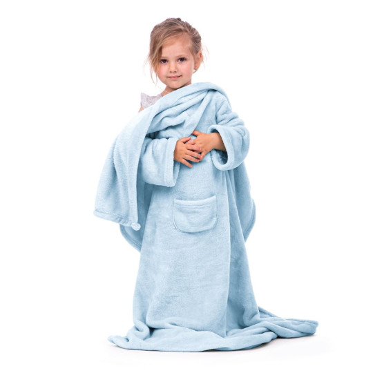 Pătură modernă pentru copii, de culoare albastră, cu mâneci, cu dimensiunile 90x105 cm.