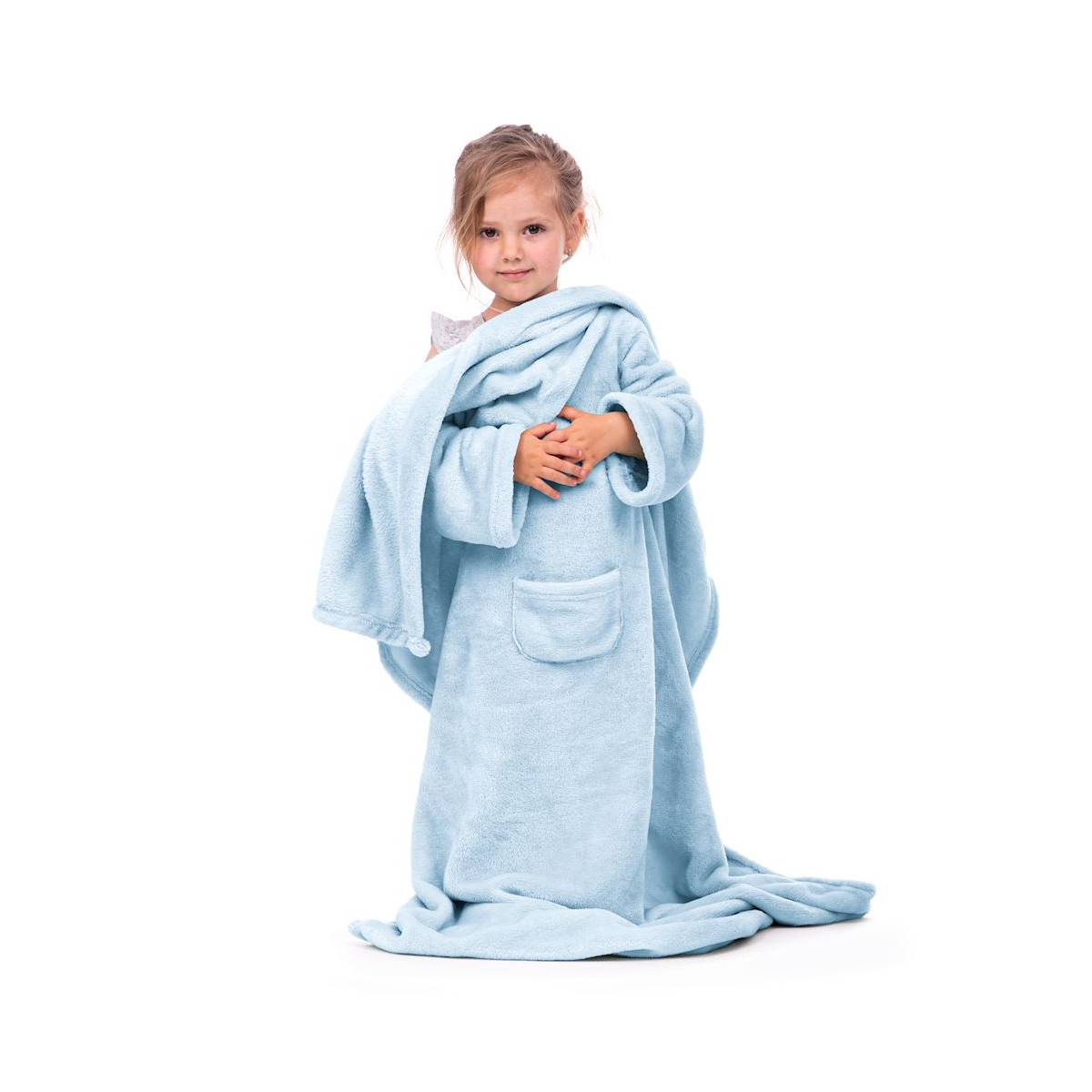 Pătură modernă pentru copii, de culoare albastră, cu mâneci, cu dimensiunile 90x105 cm.