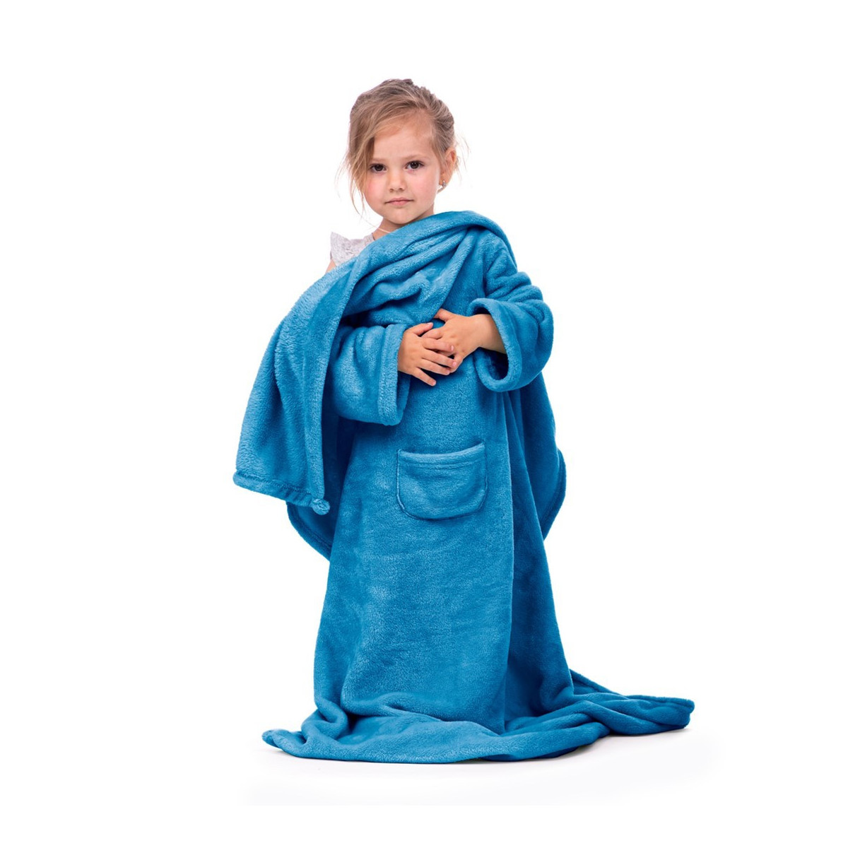 Pătură cu mâneci pentru copil în culoarea albastră 90x105 cm