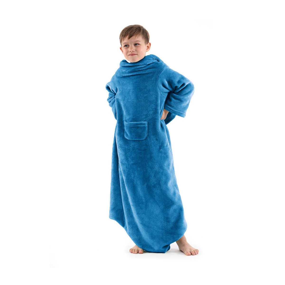 Pătură cu mâneci pentru copil în culoarea albastră 90x105 cm