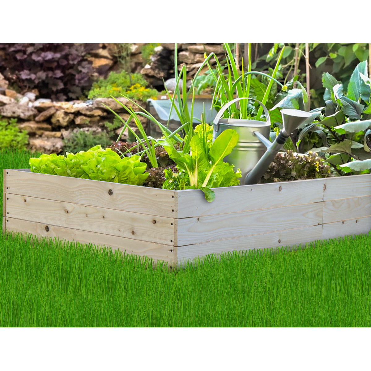 Grădină cu un pat natural ridicat cu dimensiunile de 120x120x20 cm