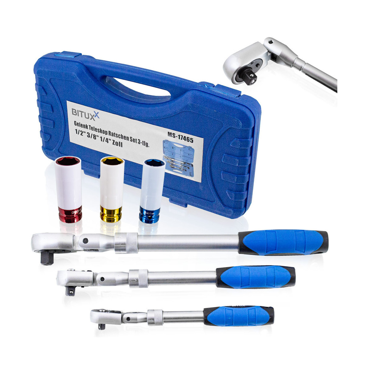 Răcnescă telescopică cu clichet 1/4" 3/8" 1/2" 90° + piulițe 17 19 21 mm