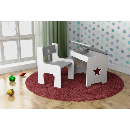 Birou de scris pentru copii din lemn de calitate cu scaun în culori gri și alb.