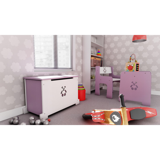 Cufărul din lemn pentru jucării în culori roz și alb cu motiv de ursuleț.