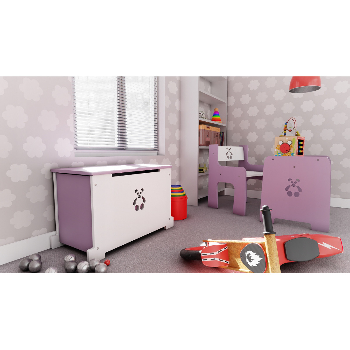 Cufărul din lemn pentru jucării în culori roz și alb cu motiv de ursuleț.