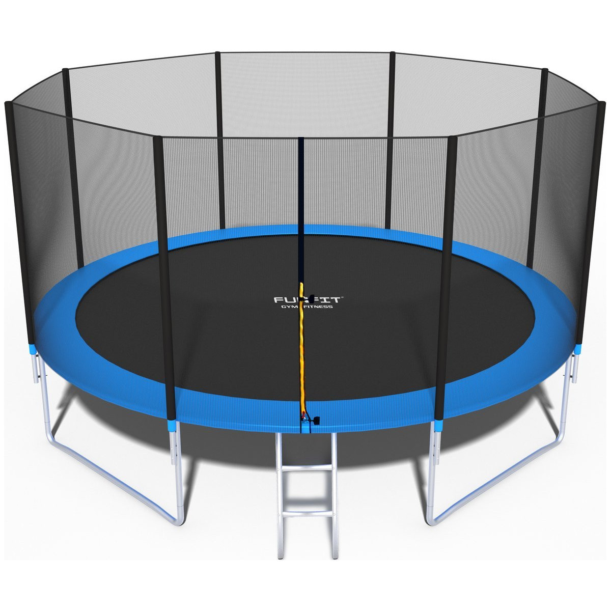 Trampoline pentru copii de 435 cm, de culoare albastră, cu plasă de protecție și scară.
