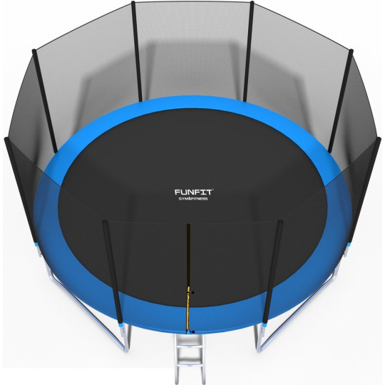 Trampoline pentru copii de 435 cm, de culoare albastră, cu plasă de protecție și scară.