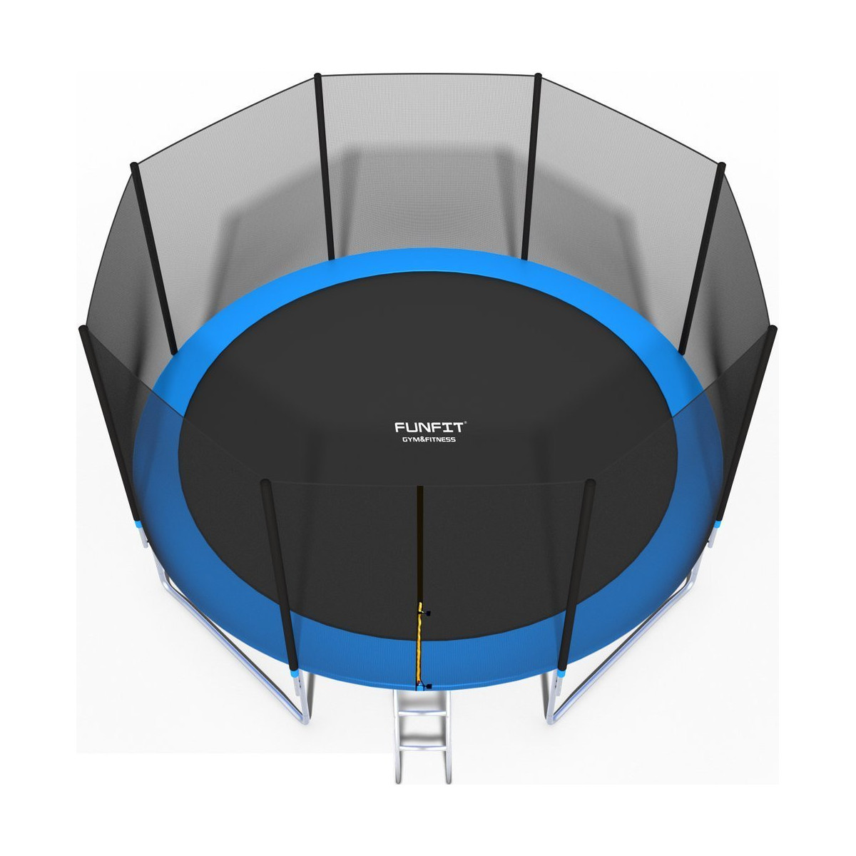 Trampoline pentru copii de 435 cm, de culoare albastră, cu plasă de protecție și scară.