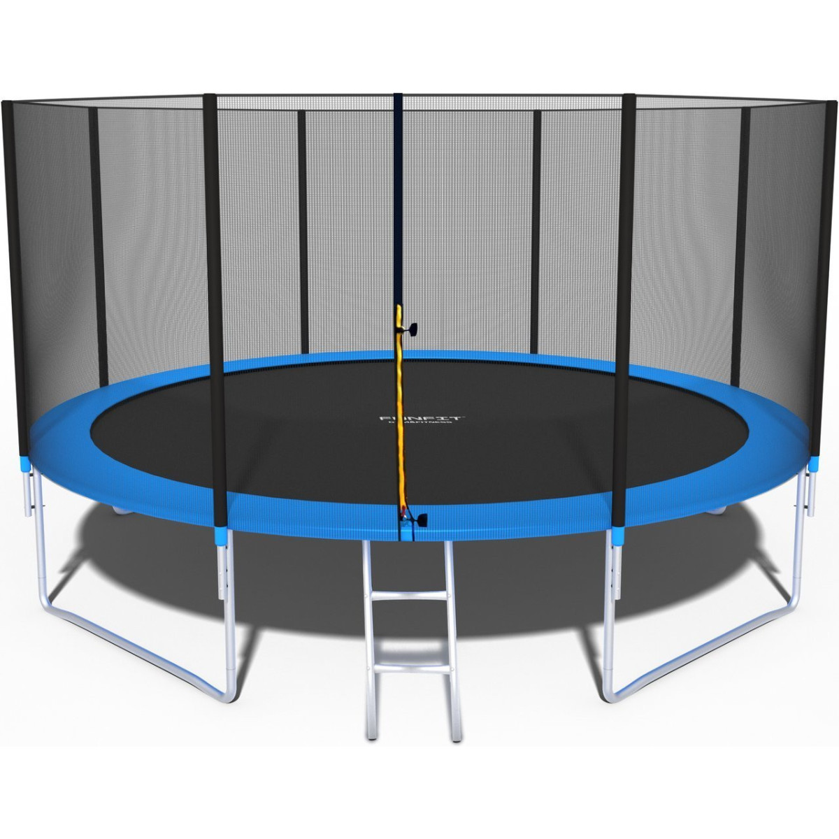 Trampoline pentru copii de 435 cm, de culoare albastră, cu plasă de protecție și scară.