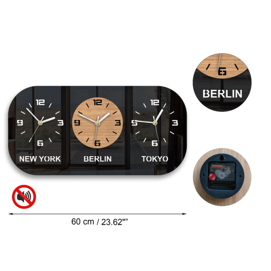 Ceas de perete cu 3 fusuri orare de culoare neagră