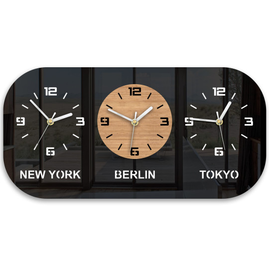 Ceas de perete cu 3 fusuri orare de culoare neagră