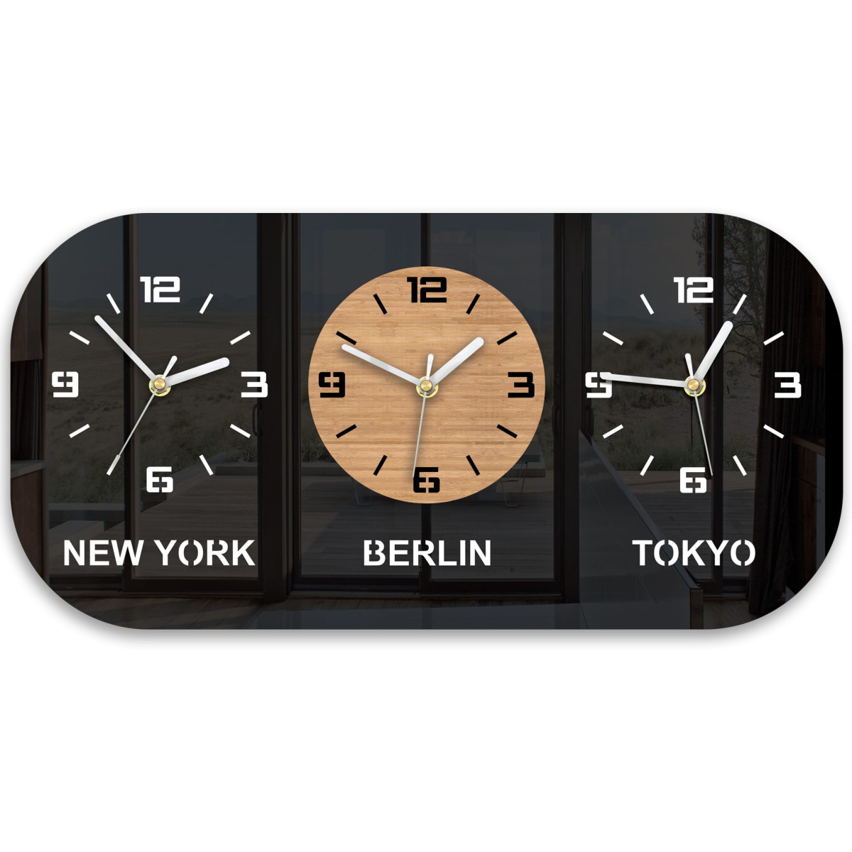 Ceas de perete cu 3 fusuri orare de culoare neagră