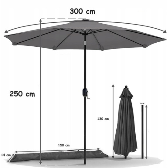 Umbrelă de grădină mare de 300 cm în culoarea gri deschis