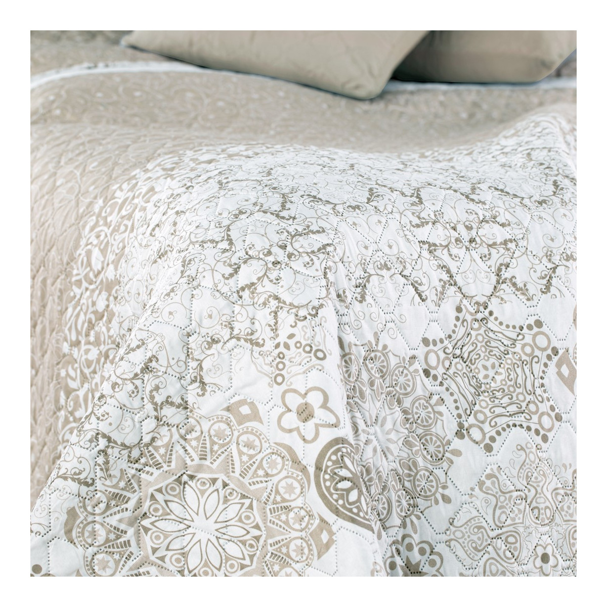 Pătură reversibilă originală pentru pat, ALHAMBRA, bej cu imprimeu 170x210