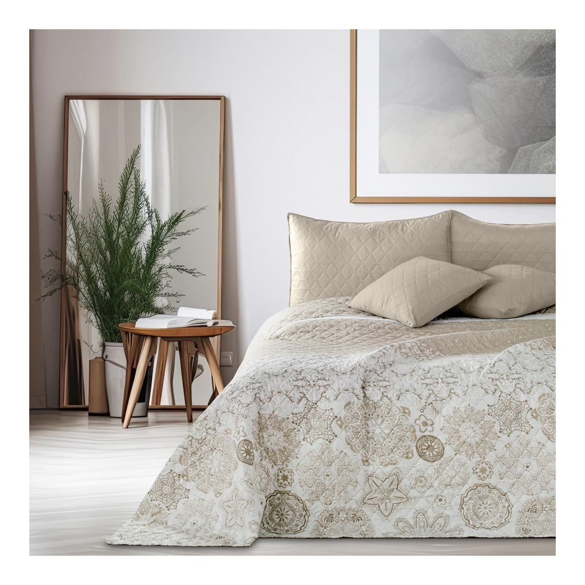 Pătură reversibilă originală pentru pat, ALHAMBRA, bej cu imprimeu 170x210