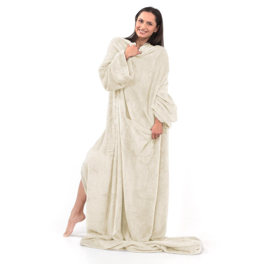 Pătură confortabilă LAZY, de culoare crem cu mâneci, 150x180