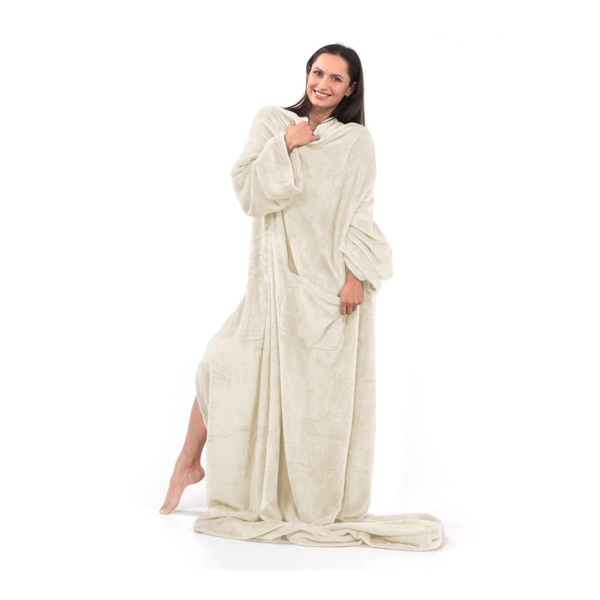 Pătură confortabilă LAZY, de culoare crem cu mâneci, 150x180