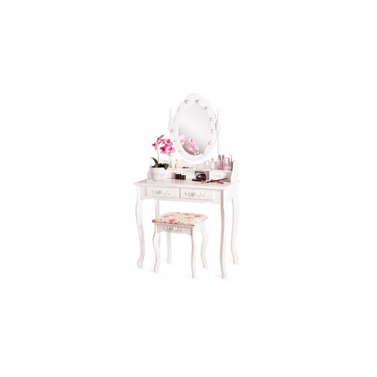 LED cosmetic vanity table with mirror, drawers, and stool