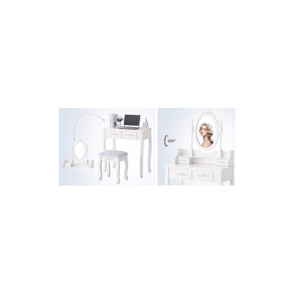 LED cosmetic vanity table with mirror, drawers, and stool