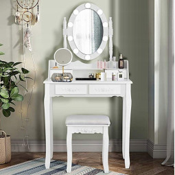 LED cosmetic vanity table with mirror, drawers, and stool