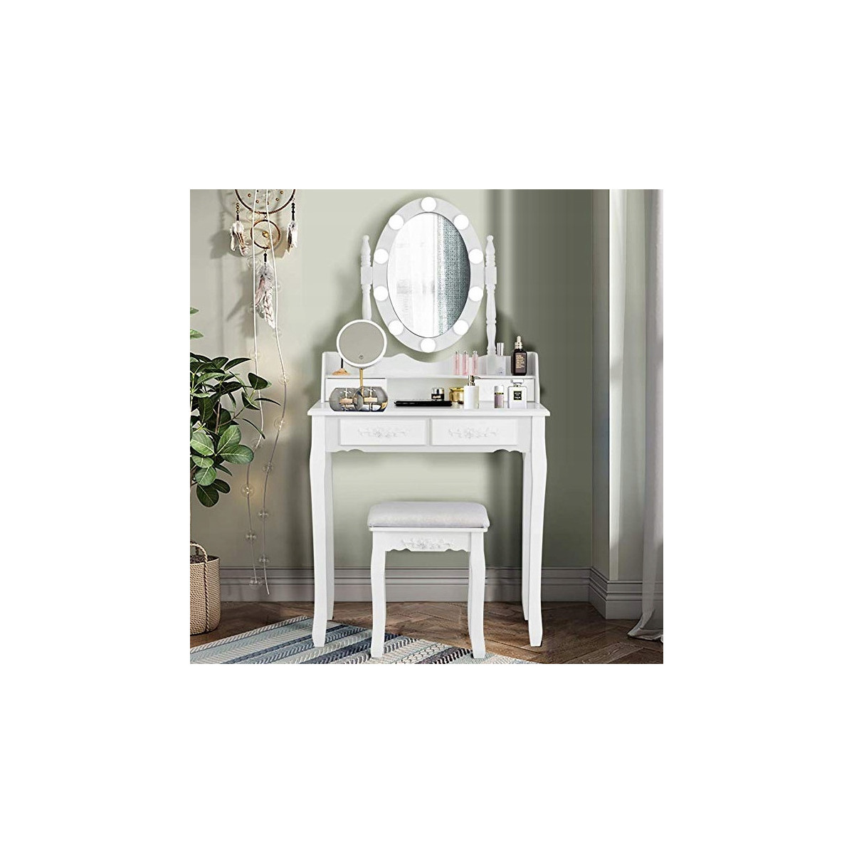 LED cosmetic vanity table with mirror, drawers, and stool