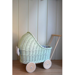 Cărucioare din răchită pentru copii de culoare mentă, cu roți din cauciuc.