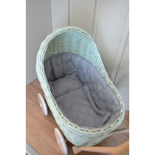 Cărucioare din răchită pentru copii de culoare mentă, cu roți din cauciuc.