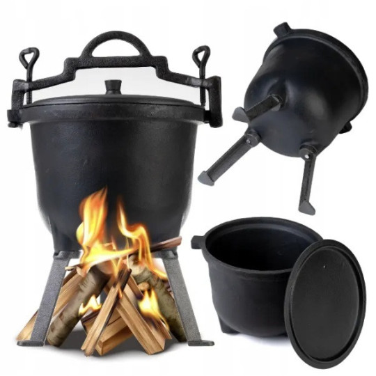 Practică oala de fontă pentru foc deschis sau grătar de 8L.