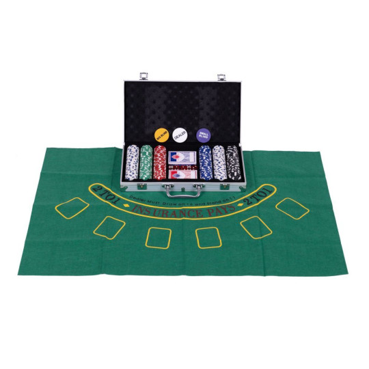 Set de Blackjack Poker 300 jetónuri, 2 pachete de cărți într-o cutie cu lacăt.