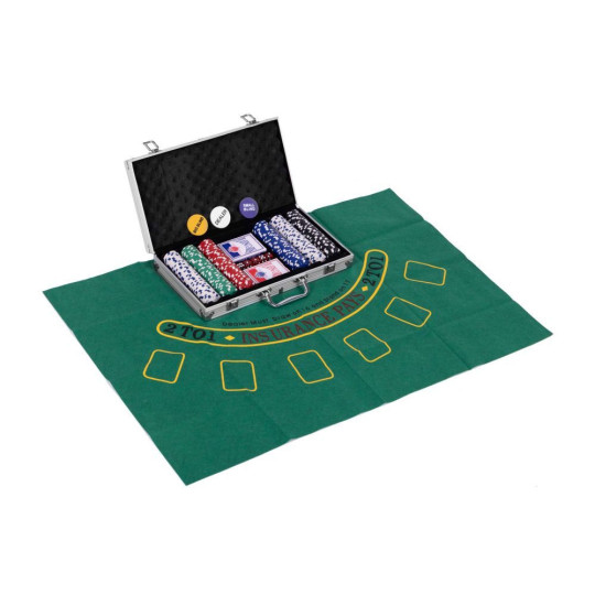 Set de Blackjack Poker 300 jetónuri, 2 pachete de cărți într-o cutie cu lacăt.