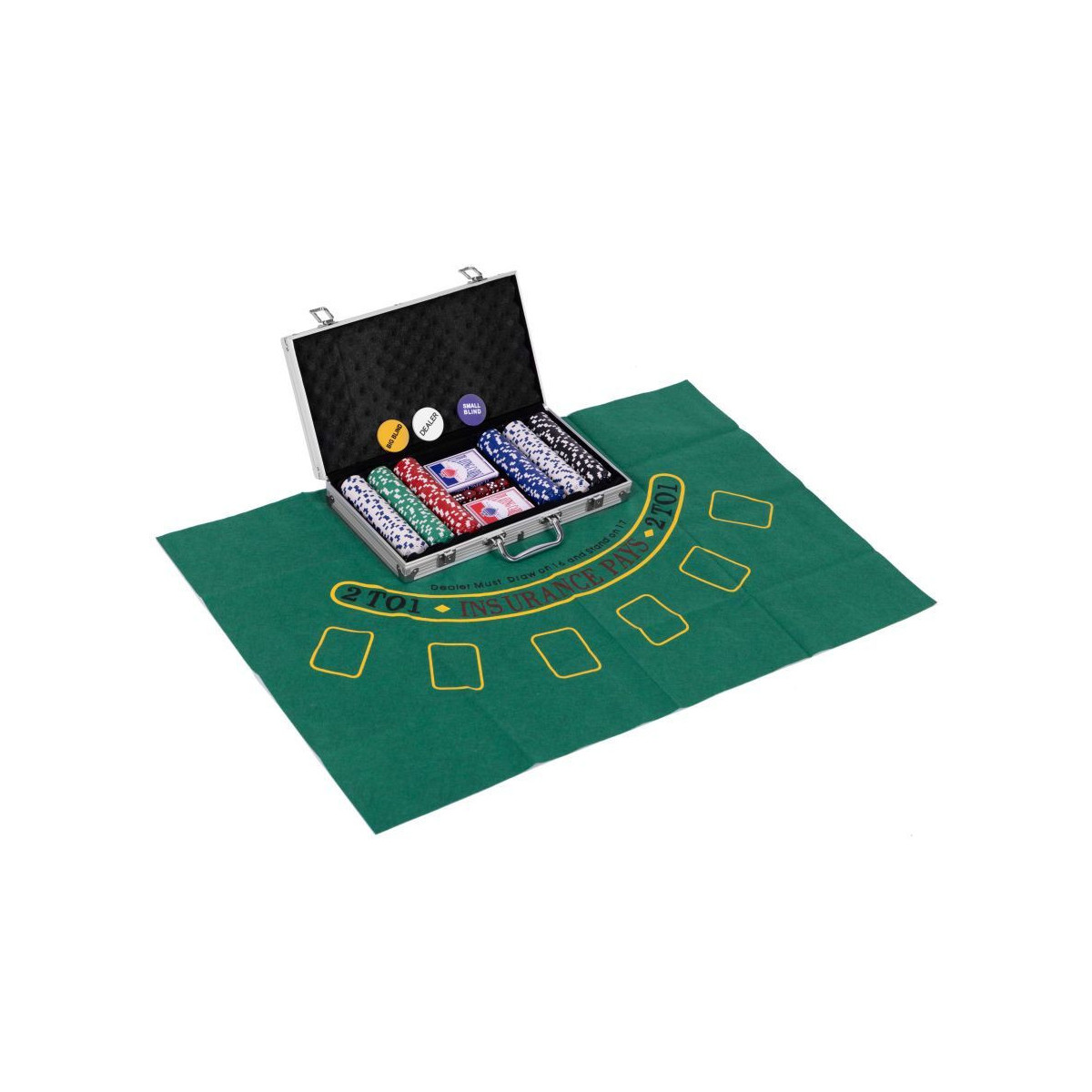 Set de Blackjack Poker 300 jetónuri, 2 pachete de cărți într-o cutie cu lacăt.