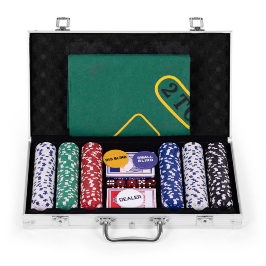 Set de Blackjack Poker 300 jetónuri, 2 pachete de cărți într-o cutie cu lacăt.