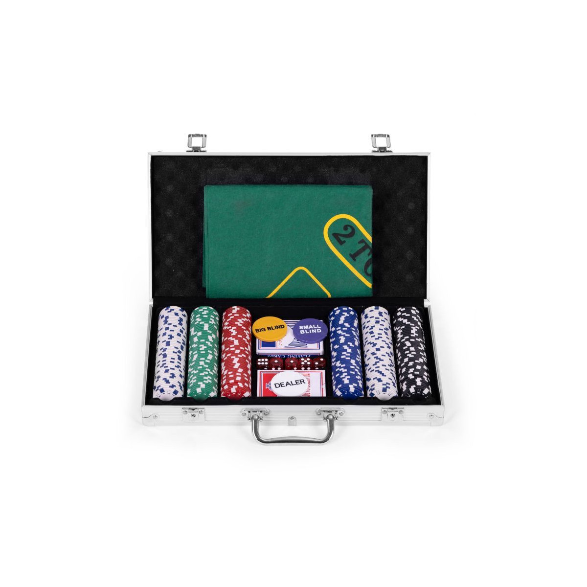 Set de Blackjack Poker 300 jetónuri, 2 pachete de cărți într-o cutie cu lacăt.