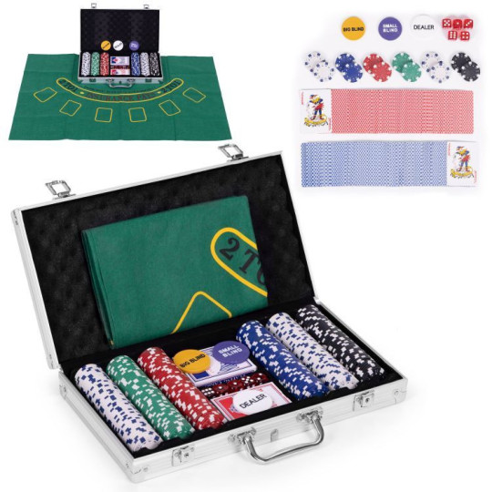 Set de Blackjack Poker 300 jetónuri, 2 pachete de cărți într-o cutie cu lacăt.