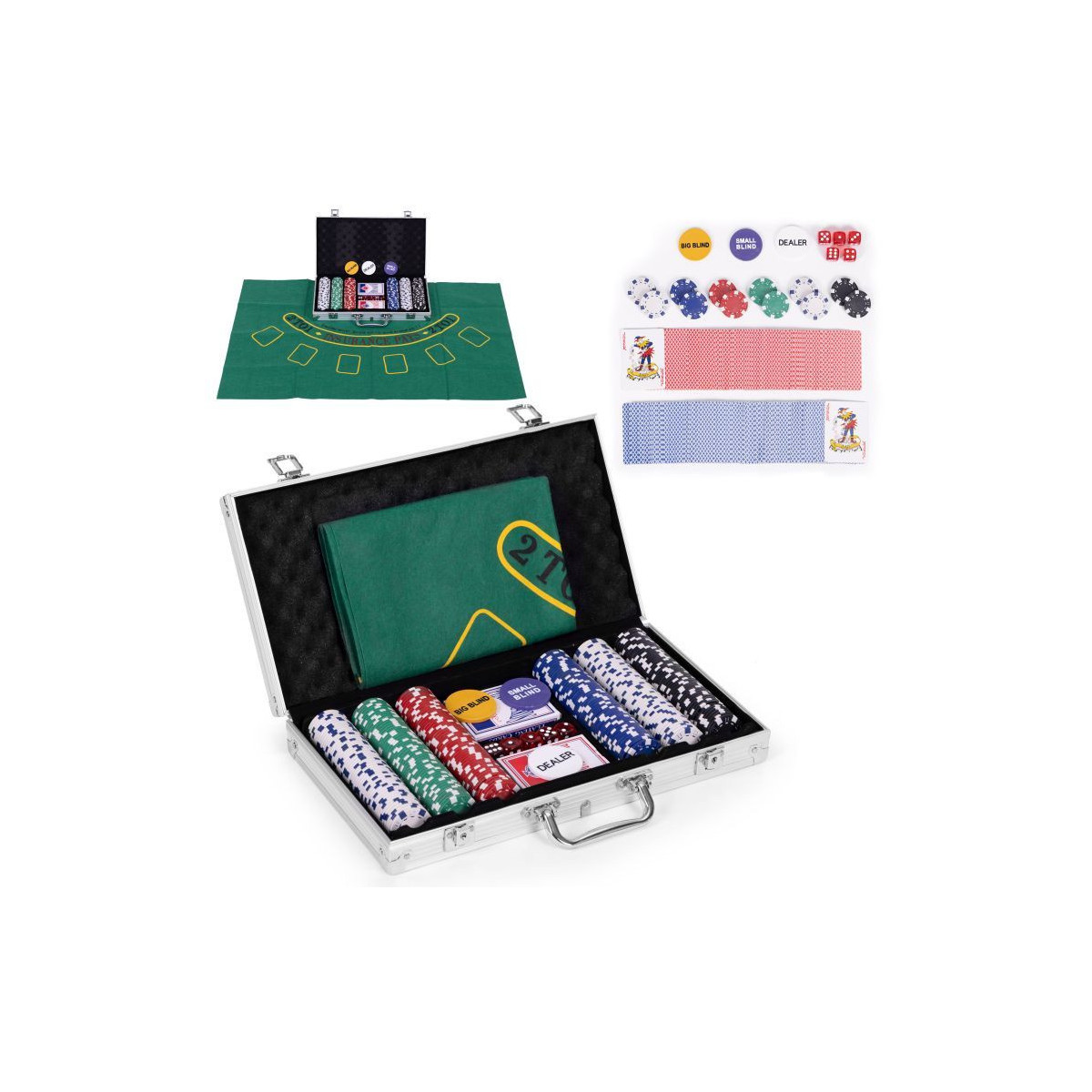 Set de Blackjack Poker 300 jetónuri, 2 pachete de cărți într-o cutie cu lacăt.