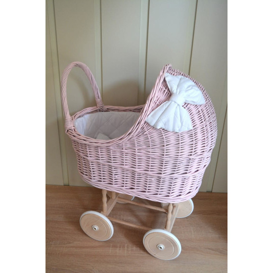 Cărucior roz pentru fetițe, cu fundiță albă