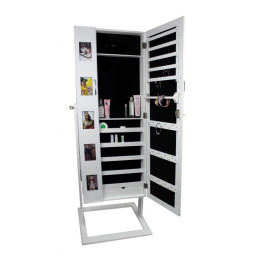 Cutie de bijuterii mare, de culoare albă, cu oglindă și rame pentru fotografii