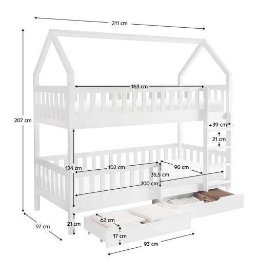 Pat cu etajă pentru copii de culoare albă, în formă de căsuță, VENITA TIP 2