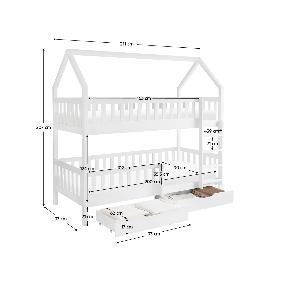 Pat cu etajă pentru copii de culoare albă, în formă de căsuță, VENITA TIP 2