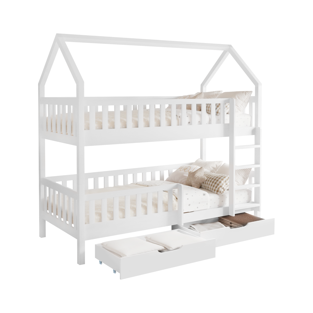 Pat cu etajă pentru copii de culoare albă, în formă de căsuță, VENITA TIP 2
