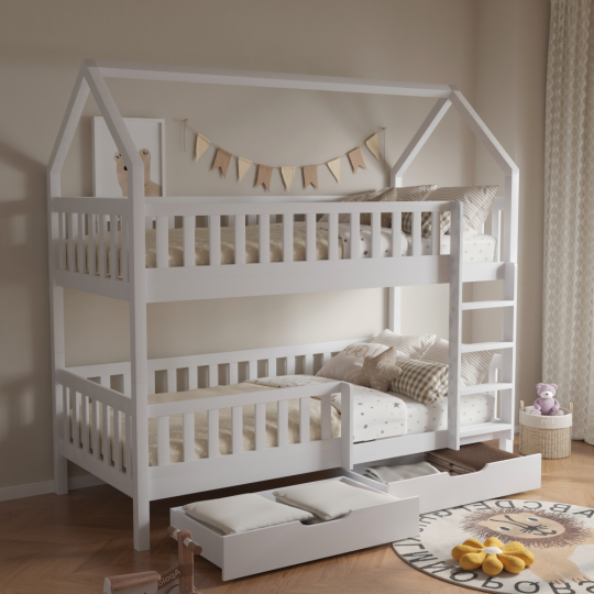 Pat cu etajă pentru copii de culoare albă, în formă de căsuță, VENITA TIP 2