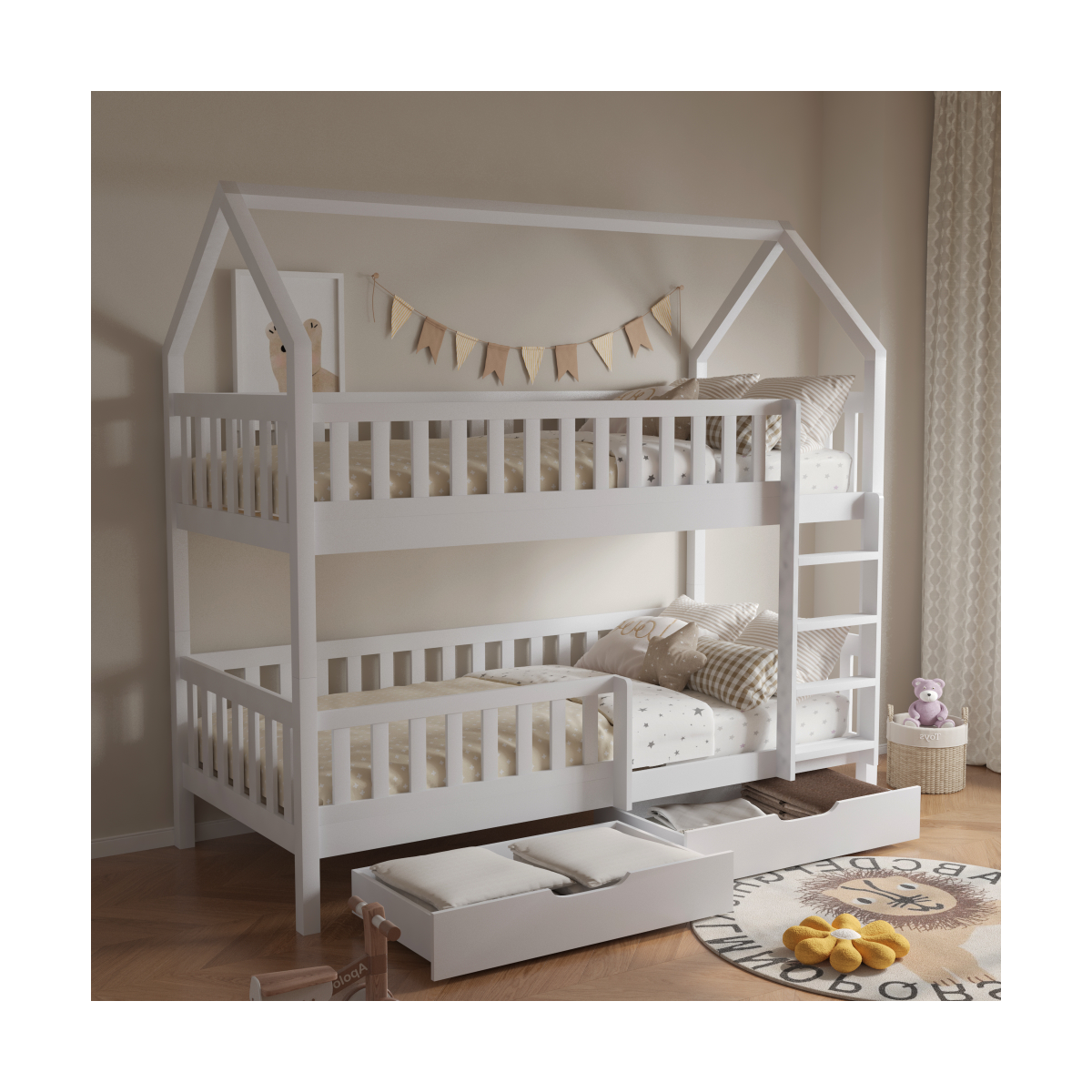 Pat cu etajă pentru copii de culoare albă, în formă de căsuță, VENITA TIP 2